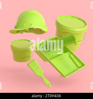 Set of flying safety helmet, bucket, tray with paint rollers and brushes for painting walls on monochrome background. 3d render of renovation apartmen Stock Photo