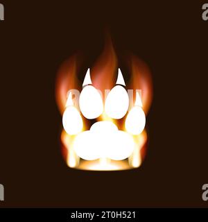 Paw print silhouette with claws in a flame of fire. Animal footprint and predator trace. Vector illustration. Stock Vector