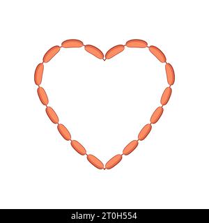 Sausage frame. Heart shaped sausages set. Isolated on white background. Flat vector illustration. Stock Vector