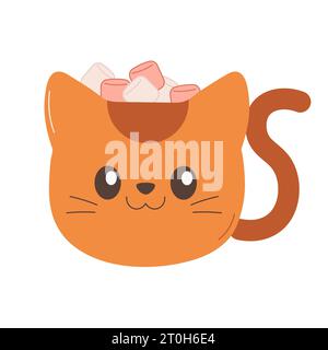 A cocoa and marshmallow mug in the shape of a cat. Cosy drink. Vector illustration on white background Stock Vector