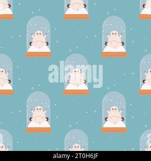 Seamless snow globe pattern with snowman and polar bear. Groovy cosy vector graphics Stock Vector