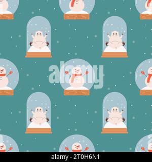 Seamless snow globe pattern with snowman and polar bear. Groovy cosy vector graphics Stock Vector