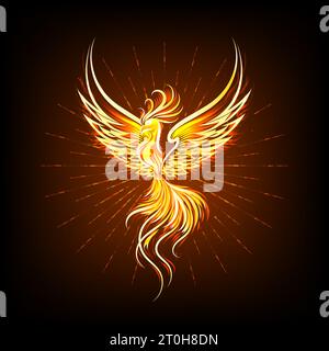 Flaming Shining Phoenix Bird isolated on black background.  Rebird Concept Emblem vector illustration. Stock Vector