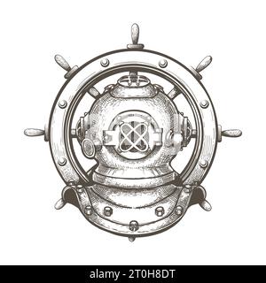 Engraving Tattoo of Diving Helmet with Ship Steering Wheel isolated on white background. Vector illustration. Stock Vector