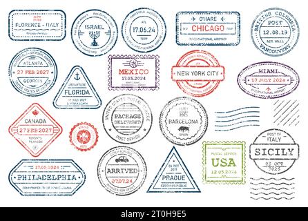 International travel visa stamps set, arrival and departure passport frayed rubber stamp, vector Stock Vector