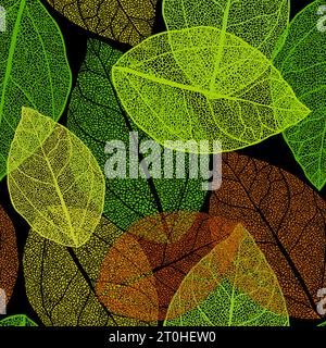 Seamless pattern of skeletonized yellow autumn leaves. hand drawing. Not AI, Illustrat3. Vector illustration Stock Vector