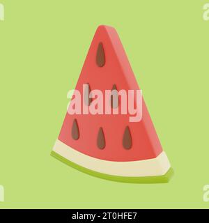 Cut triangular slice of red watermelon with dark seeds on green background in the center. 3D rendering Stock Photo