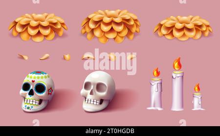 Dia de Muertos. 3D Dead day. Flowers and marigold petal. Mexican death holiday party. Candles with fire flames. Catrina skull. Skeleton bone. Carnival in Mexico. Vector isolated render elements set Stock Vector