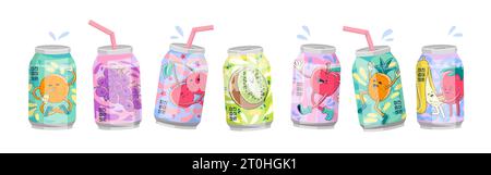 Soda can. Japanese drinks. Fruit flavor. Cute beverage bottle. Kawaii summer orange label. Asian tags. Sweet juice. Pineapple or cherry lemonade. Cola aluminum tins set. Vector illustration design Stock Vector