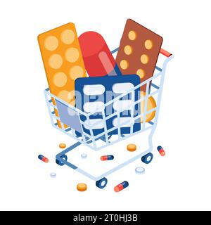 Flat 3d Isometric Shopping cart with Pills and Medicine. Pharmaceutical Company and Online Pharmacy Concept. Stock Vector
