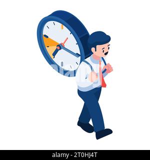 Flat 3d Isometric Businessman Carrying Clock and Going Forward. Time Management Concept. Stock Vector