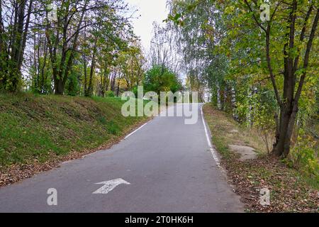 Bicycle path in empty autumn city park Stock Photo