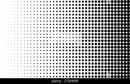 Horizontal gradient halftone dots vector. Black dots on white background. Texture backdrop, retro effect, pop art template. Monochrome color Stock Vector