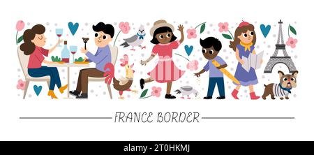 Vector horizontal border set with French people. France card template design with cute characters. Funny border with woman and man eating, boy feeding Stock Vector