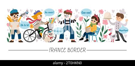 Vector horizontal border set with French people. France card template design with cute characters. Funny border with cook, mime, woman riding a bike, Stock Vector