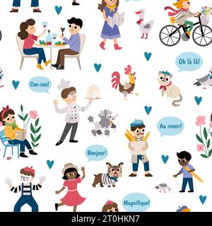 Vector seamless pattern with people of France. Repeating background with French men, animals, phrases. Cute Paris digital paper with cockerel, mime, c Stock Vector