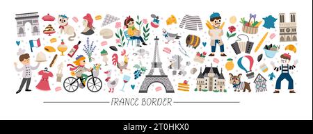 Vector French horizontal frame with people, animals, Eiffel tower, traditional symbols. Touristic France card template design for banners, invitations Stock Vector