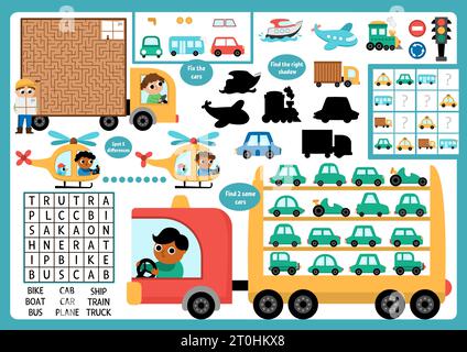Word search puzzle for children, transport theme, fun education game ...