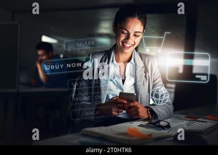 Business woman, phone and online shopping hologram, e commerce technology and buy or order in night office. Professional person on mobile app with Stock Photo