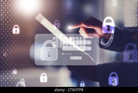Hand, lock and password with hologram for cyber security, web safety and click for coding, tablet or stop virus. Person, touchscreen and overlay for Stock Photo