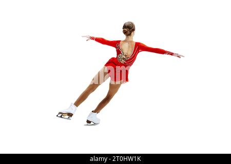 figure skating single, back girl figure skater in red dress isolated on white background Stock Photo