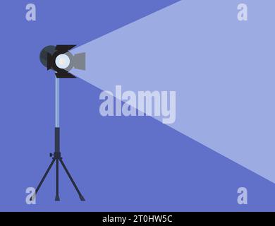 Cinema spotlight. Lamp projector on a tripod with scattered rays. Light source, studio lighting. Equipment for filming. Vector illustration Stock Vector