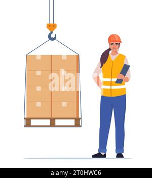Warehouse worker. Boxes on a pallet are lifted with a crane hook. Warehouse female worker in hard hat manages the loading process. Vector illustration Stock Vector