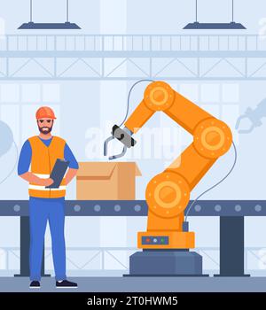 Automation production line with robot technologies. Engineer in orange vest and protective helmet controls the process. Robotic arms collect goods in Stock Vector