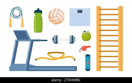 Gym sport fitness exercise workout equipment set icons. Treadmill, dumbbells, fitness bracelet, ball, sneakers, jump rope, bottle, whistle, apple Vect Stock Vector