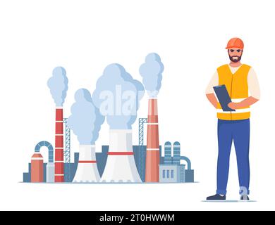 Engineer in orange vest and protective helmet. Factory plant with smoking towers and pipes. Management worker man. Vector illustration Stock Vector