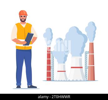 Engineer in orange vest and protective helmet. Factory plant with smoking towers and pipes. Management worker man. Vector illustration Stock Vector