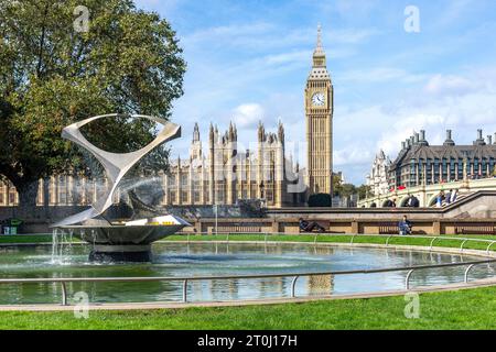 Big Ben and Houses of Parliament from Fountain of St Thomas Gardens, South Bank, London Borough of Lambeth, Greater London, England, United Kingdom Stock Photo