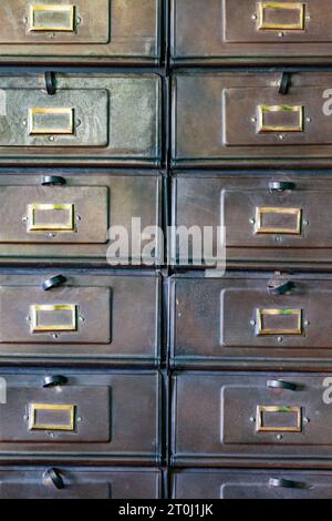 Old fashioned filing cabinet at the heritage Britannia Ship Yard in Steveston Canada Stock Photo