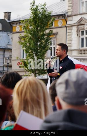 BIELSKO-BIALA, POLAND - OCTOBER 7 2023: Mayor of Warsaw, Rafal Trzaskowski of Civic Coalition with people in Polish parliamentary elections - vertical Stock Photo