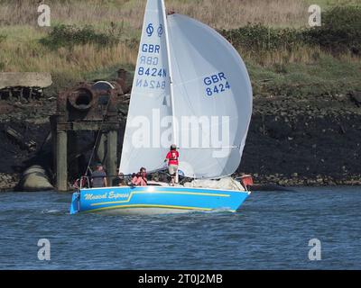 Gillingham, Kent, UK. 7th Oct, 2023. UK Weather: a warm and sunny afternoon for yachts racing on the Medway in Gillingham, Kent. Pic: a Sonata class yacht. Credit: James Bell/Alamy Live News Stock Photo