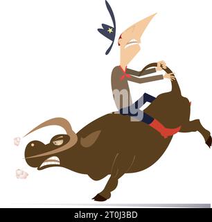 Rodeo. Farmer or cowboy and angry bull.  Cowboy trying not falling down of the angry bull and holding it by tail. Isolated on white background Stock Vector