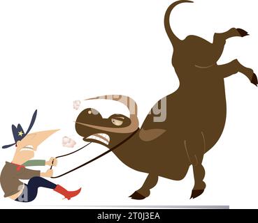 Rodeo. Farmer or cowboy. Angry bull. Farmer or cowboy trying to hold an angry bull. Isolated on white background Stock Vector