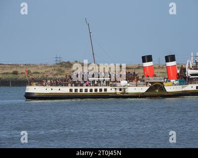 Gillingham, Kent, UK. 7th Oct, 2023. The world's last seagoing paddle steamer Waverley went up the Medway to meet another historic paddle steamer the Medway Queen this afternoon which is berthed at Gillingham pier in Kent. Medway Queen was one of the little ships of Dunkirk rescuing 7,000 men. Credit: James Bell/Alamy Live News Stock Photo