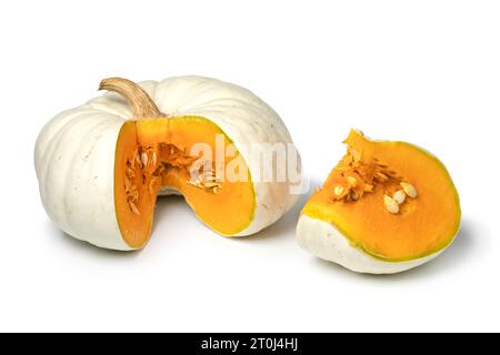 Fresh Flat White Boer Pumpkin and a wedge close up isolated on white background Stock Photo