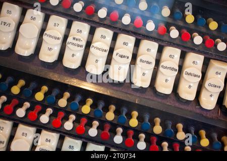 Detail of the console keydesk of an electric-action pipe organ by E. F. Walcker & Cie., op. 2150, 1927, Organ Museum Borgentreich, Höxter district, No Stock Photo