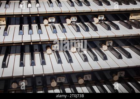 Detail of the console keydesk of an electric-action pipe organ by E. F. Walcker & Cie., op. 2150, 1927, Organ Museum Borgentreich, Höxter district, No Stock Photo