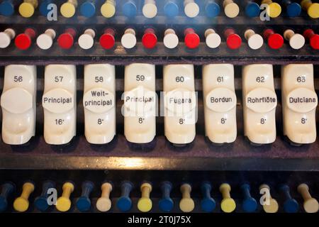 Detail of the console keydesk of an electric-action pipe organ by E. F. Walcker & Cie., op. 2150, 1927, Organ Museum Borgentreich, Höxter district, No Stock Photo