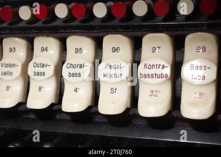 Detail of the console keydesk of an electric-action pipe organ by E. F. Walcker & Cie., op. 2150, 1927, Organ Museum Borgentreich, Höxter district, No Stock Photo