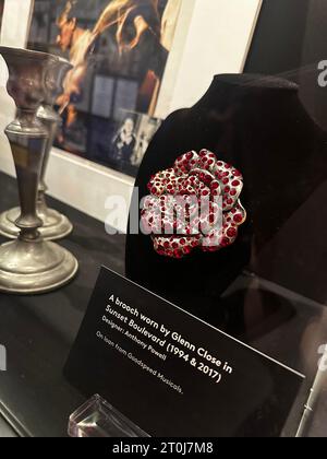 Brooch worn by Glenn Close in Sunset Boulevard, red gemstone and diamond piece displayed in a museum case Stock Photo