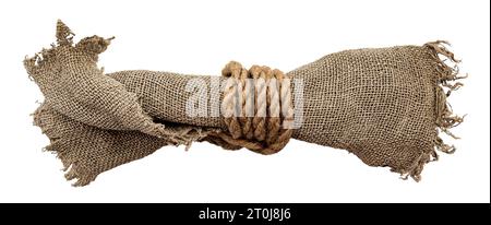 Burlap texture. A piece of torn and twisted burlap on a white background. Canvas. Packaging material. Jute Stock Photo