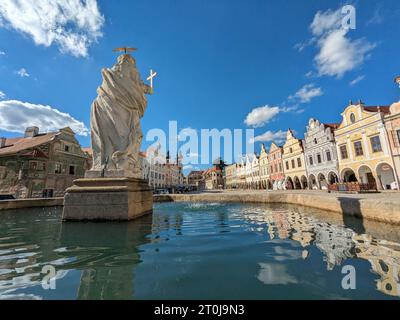 Telc town in the southern Czech Republic.Known for its Italian Renaissance architecture chateau, formerly a Gothic castle,old town square and columns Stock Photo