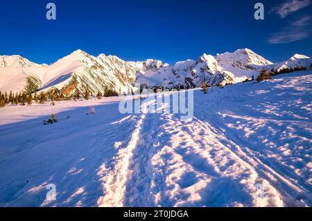 Beautiful winter landscape in the Polish mountains. Snowy trail leading to the Gasienicowa valley in National Park in the Tatra Mountains, Poland. Stock Photo