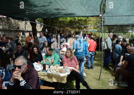 Greek villagers in a 'blue zone' attending the panigiri (village festival) of Agios Isidoros (Saint Isidore), near Pezi, Ikaria, North Aegean, Greece. Stock Photo