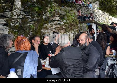 Greek villagers in a 'blue zone' attending the panigiri (village festival) of Agios Isidoros (Saint Isidore), near Pezi, Ikaria, North Aegean, Greece. Stock Photo