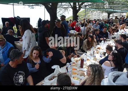 Greek villagers in a 'blue zone' attending the panigiri (village festival) of Agios Isidoros (Saint Isidore), near Pezi, Ikaria, North Aegean, Greece. Stock Photo